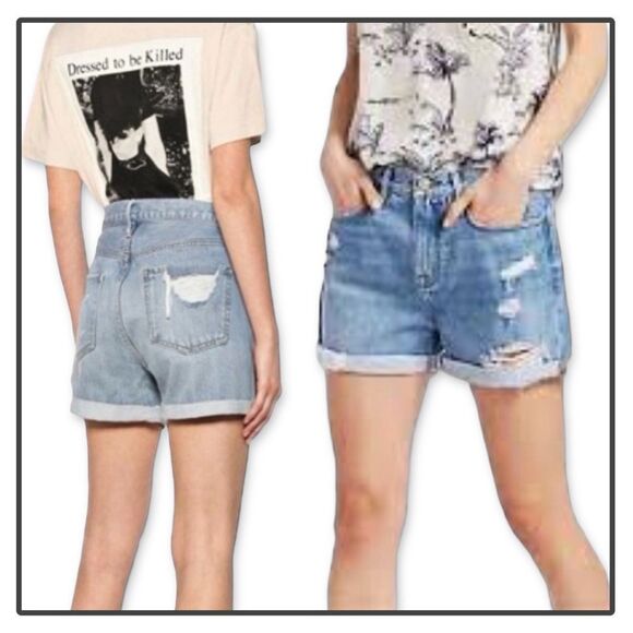 NWT Frame Denim Le Beau Distressed Cuffed Hem Jean Shorts in Elsey Rips - Picture 3 of 16